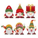 6 lutins de Noël alignés 3 par 3 avec une forme de chapeau différent  (sapin, cadeau, bonnet...)