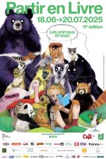 Affichage officielle de Partir en Livre édition 2025. On y voit un ours, des lémuriens, un oiseau, un panda roux, un chat, une panthère, un flamand rose assis autour d'une fillette qui lit un livre.