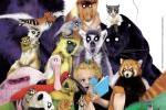 Affichage officielle de Partir en Livre édition 2025. On y voit un ours, des lémuriens, un oiseau, un panda roux, un chat, une panthère, un flamand rose assis autour d'une fillette qui lit un livre.